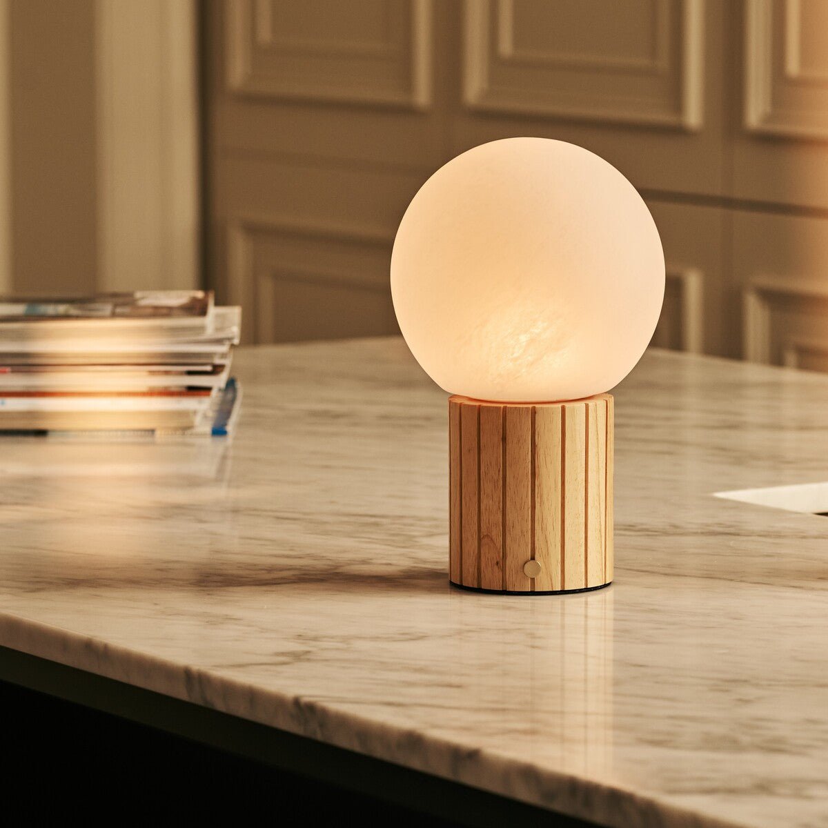 Nadine Light Brown Wood & Glass Cordless Table Lamp