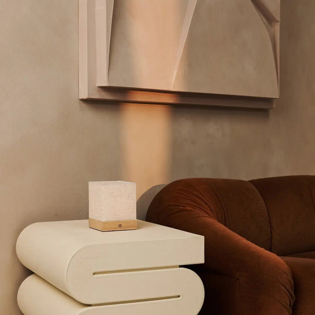 Zano cordless lamp detail of linen-mix shade texture