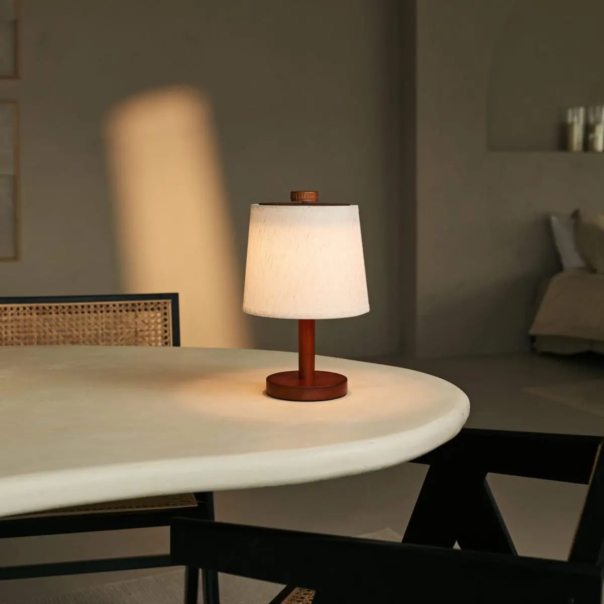 Rover Chestnut Brown Rubberwood Cordless Table Lamp with Linen Shade