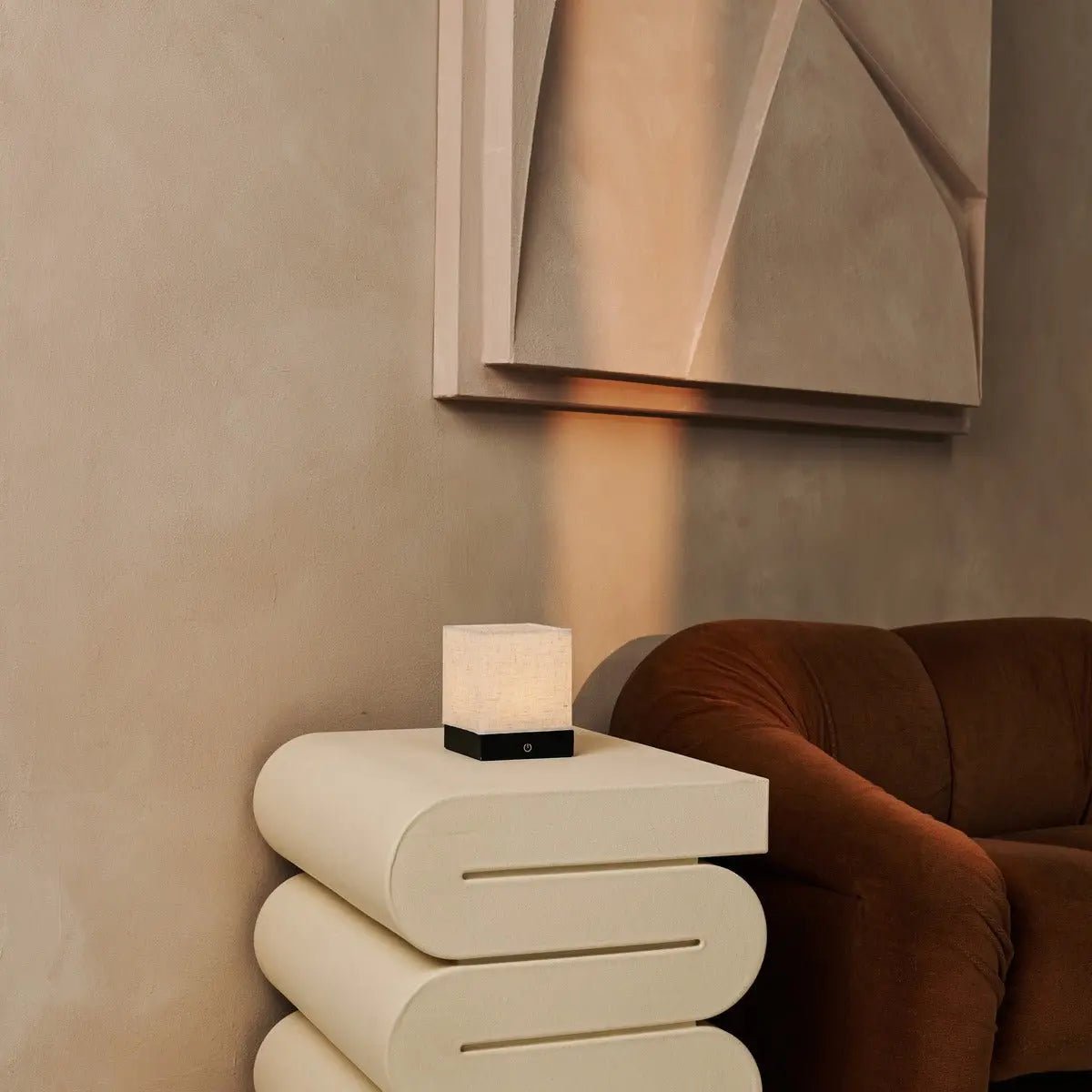 Zano black linen lamp on bedside table