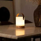 Avery wooden leather strap lamp on bedside table setting