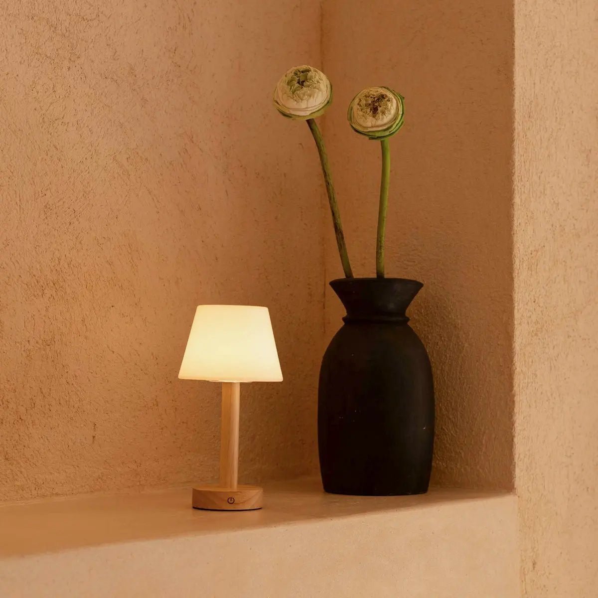 Zoe wood cordless lamp full product view on white background
