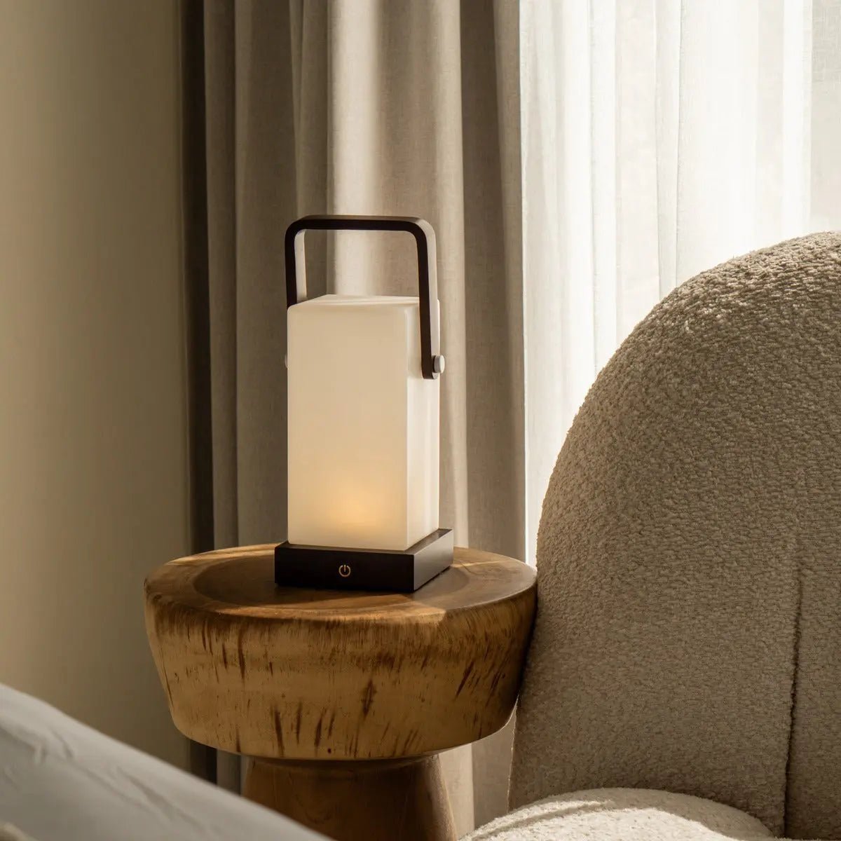 Harper dark rubberwood portable lamp warm ambient glow