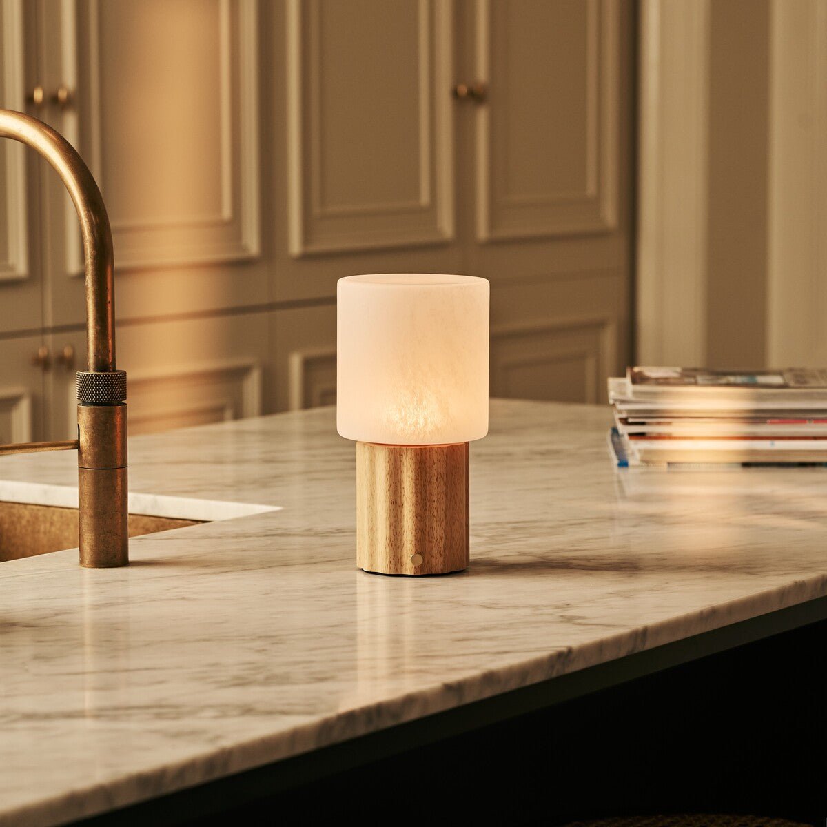 Frank Light Brown Wood & Glass Cordless Table Lamp