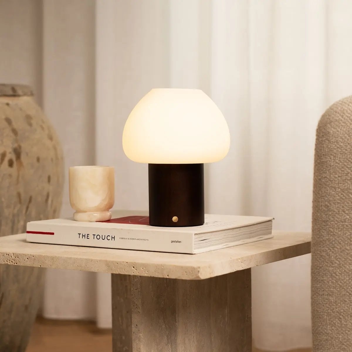 Fynn Dark Brown Wood & Glass Cordless Table Lamp