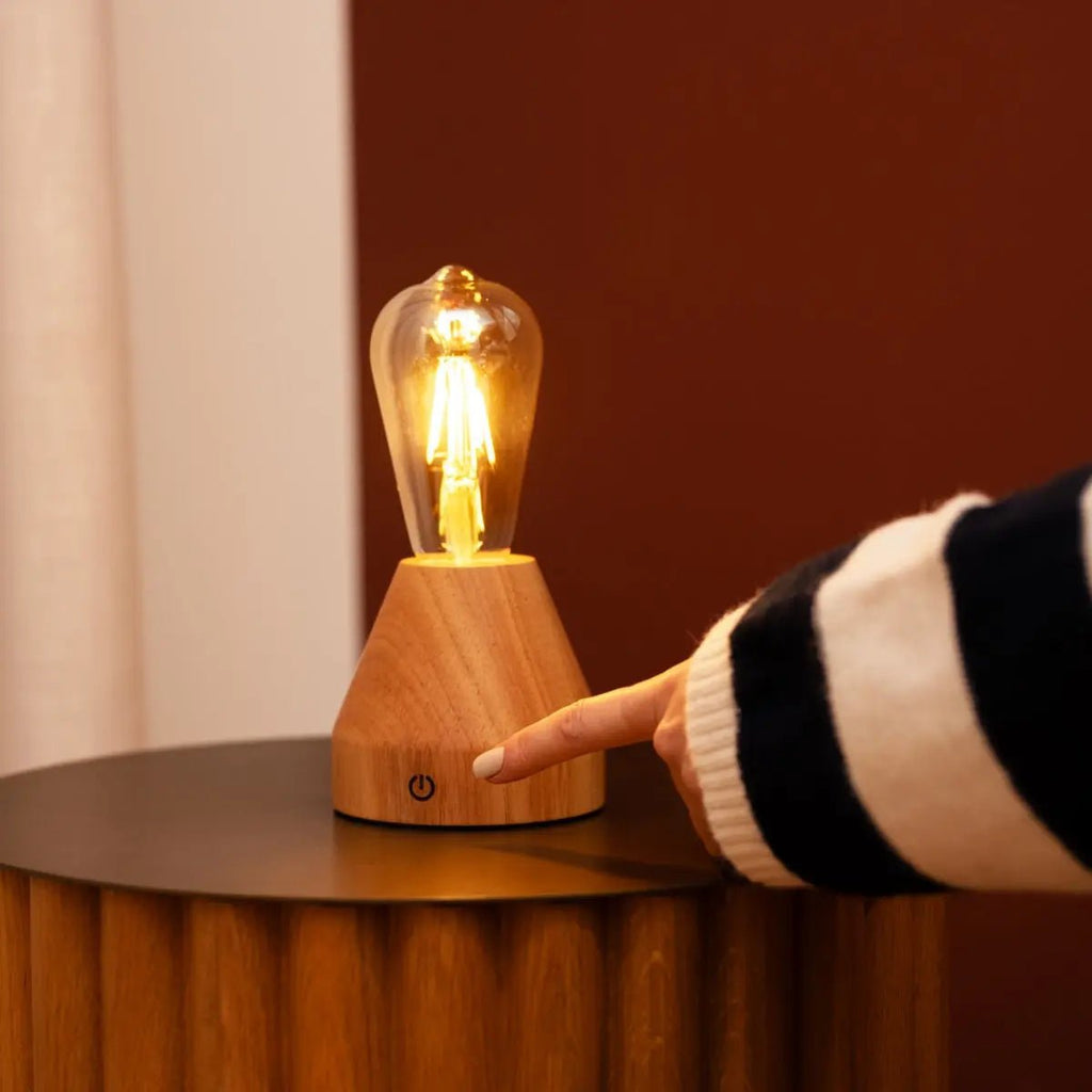 Zavi wood glass rechargeable compact cordless table lamp