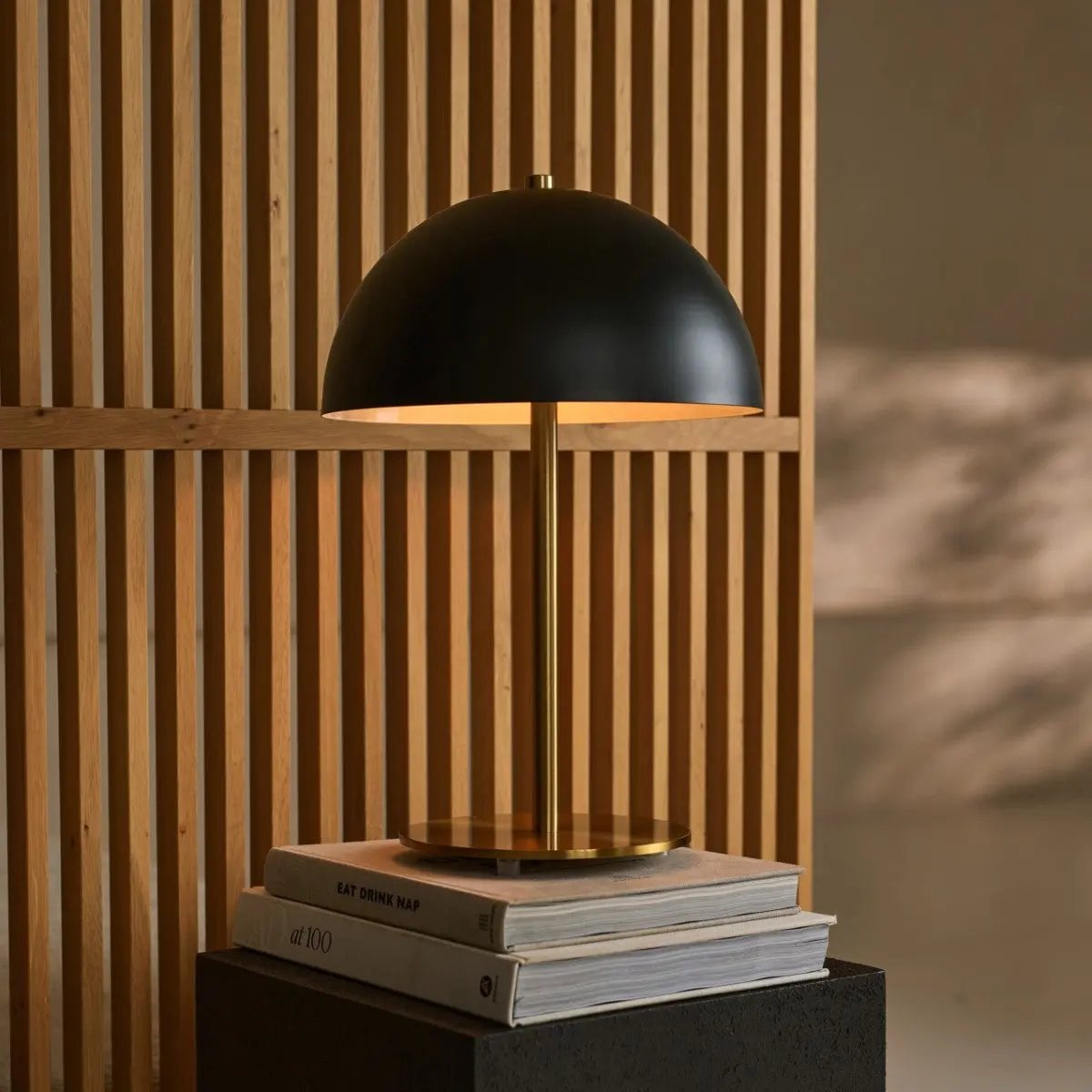 Joren corded lamp side view showing black and gold metal form