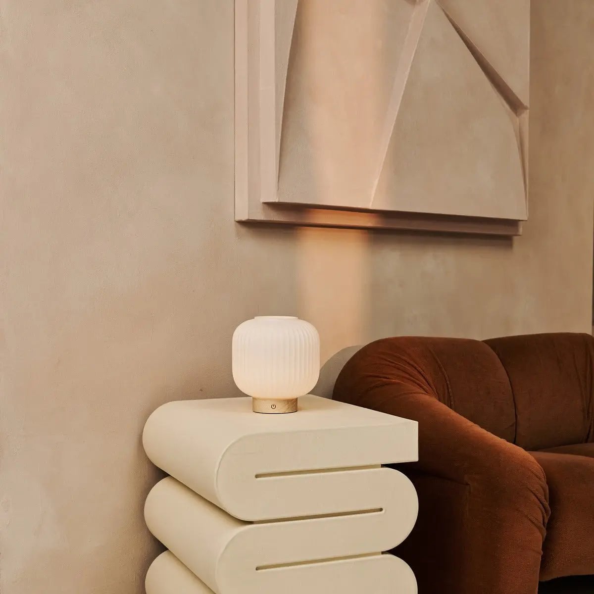 Lyla Light Brown Wood & Glass Cordless Table Lamp