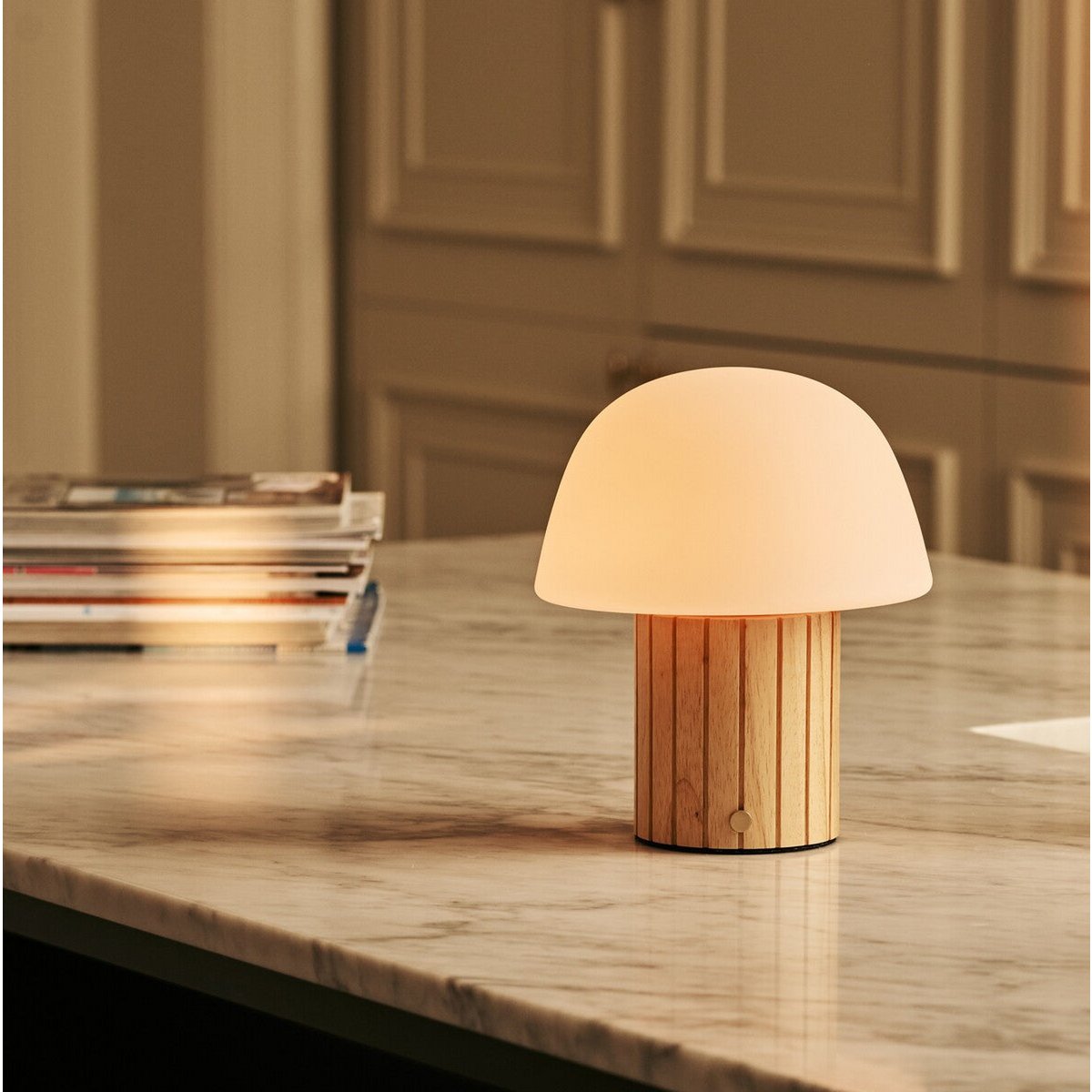 Etienne Light Brown Wood & Glass Cordless Table Lamp