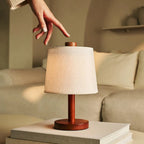 Rover Chestnut Brown Rubberwood Cordless Table Lamp with Linen Shade