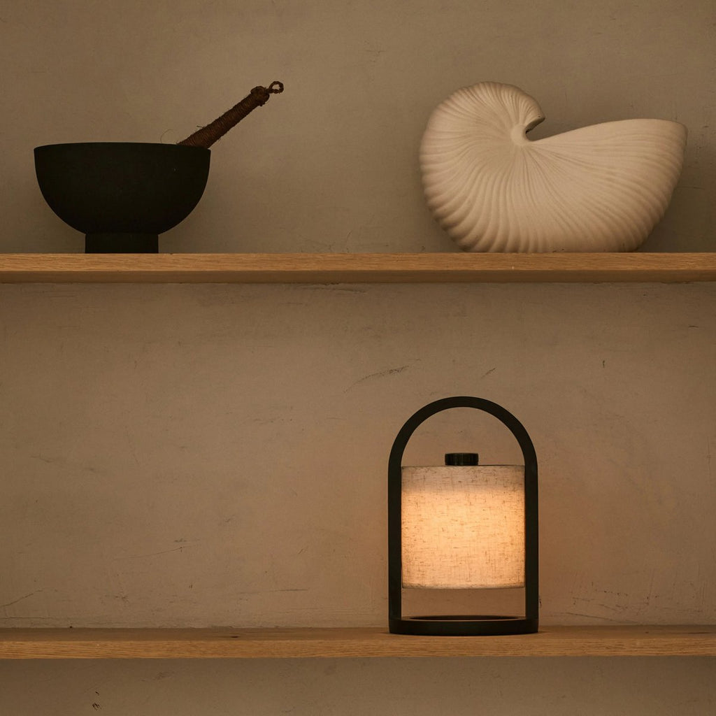 River black linen lamp on outdoor terrace