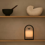 River black linen lamp on outdoor terrace