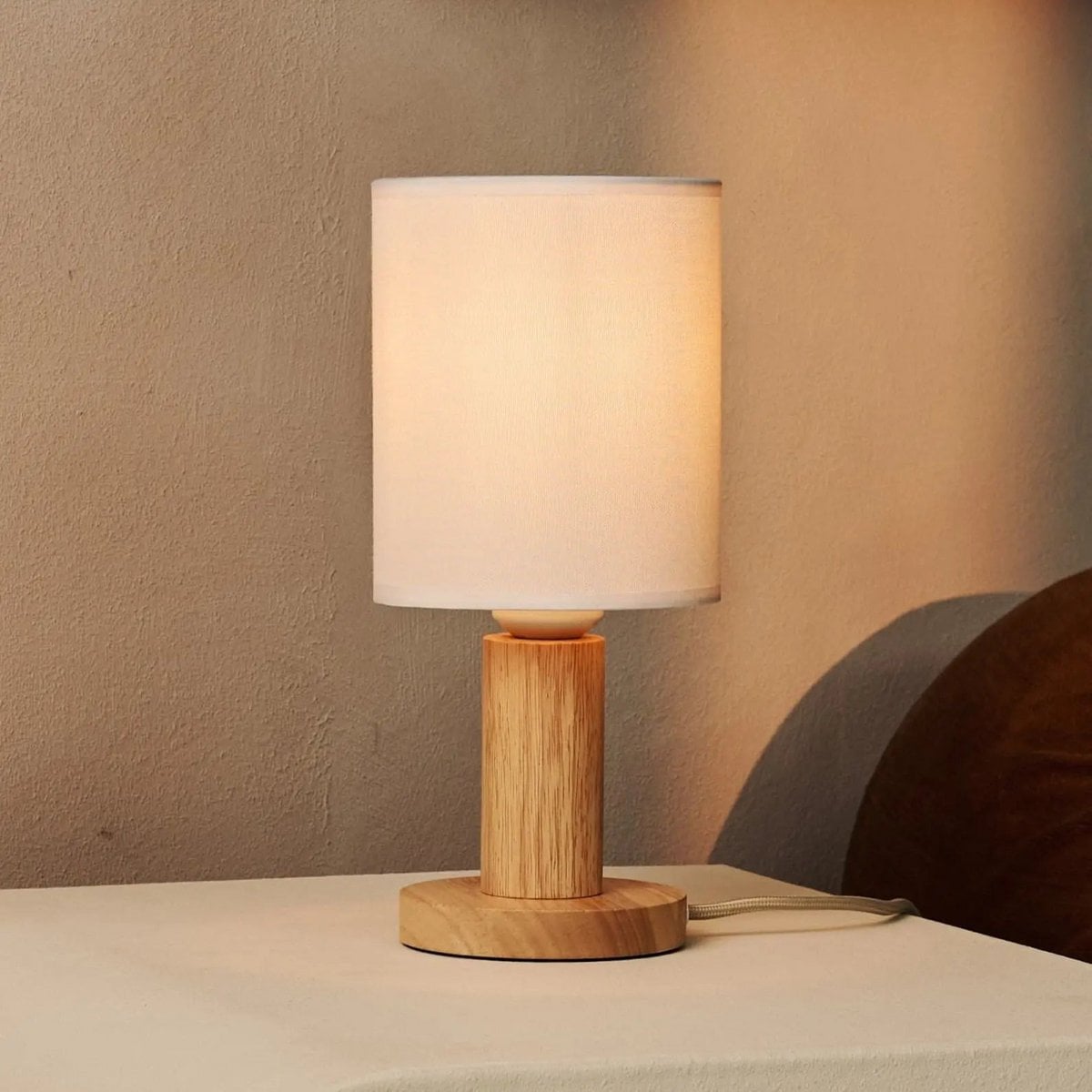 Haven light brown rubberwood fabric shade corded table lamp