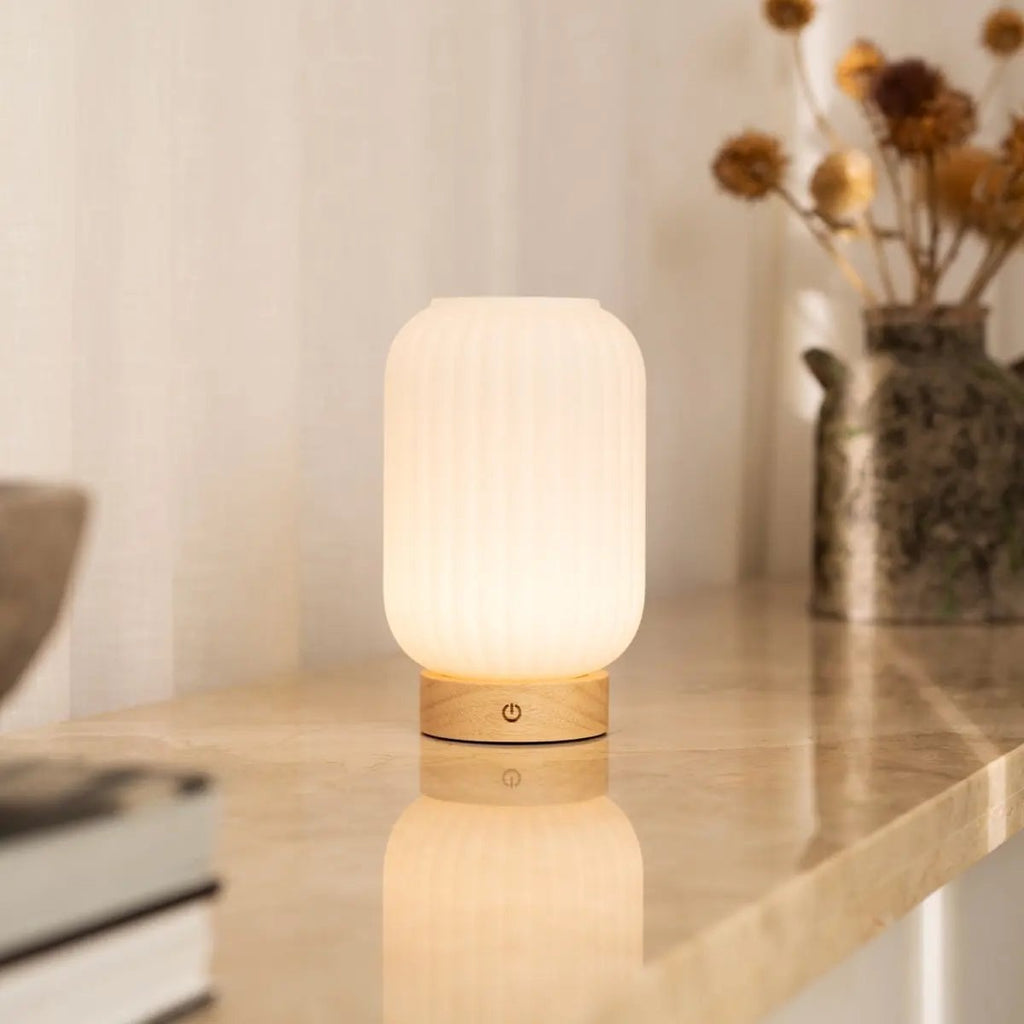 Lilly Light Brown Wood & Glass Cordless Table Lamp