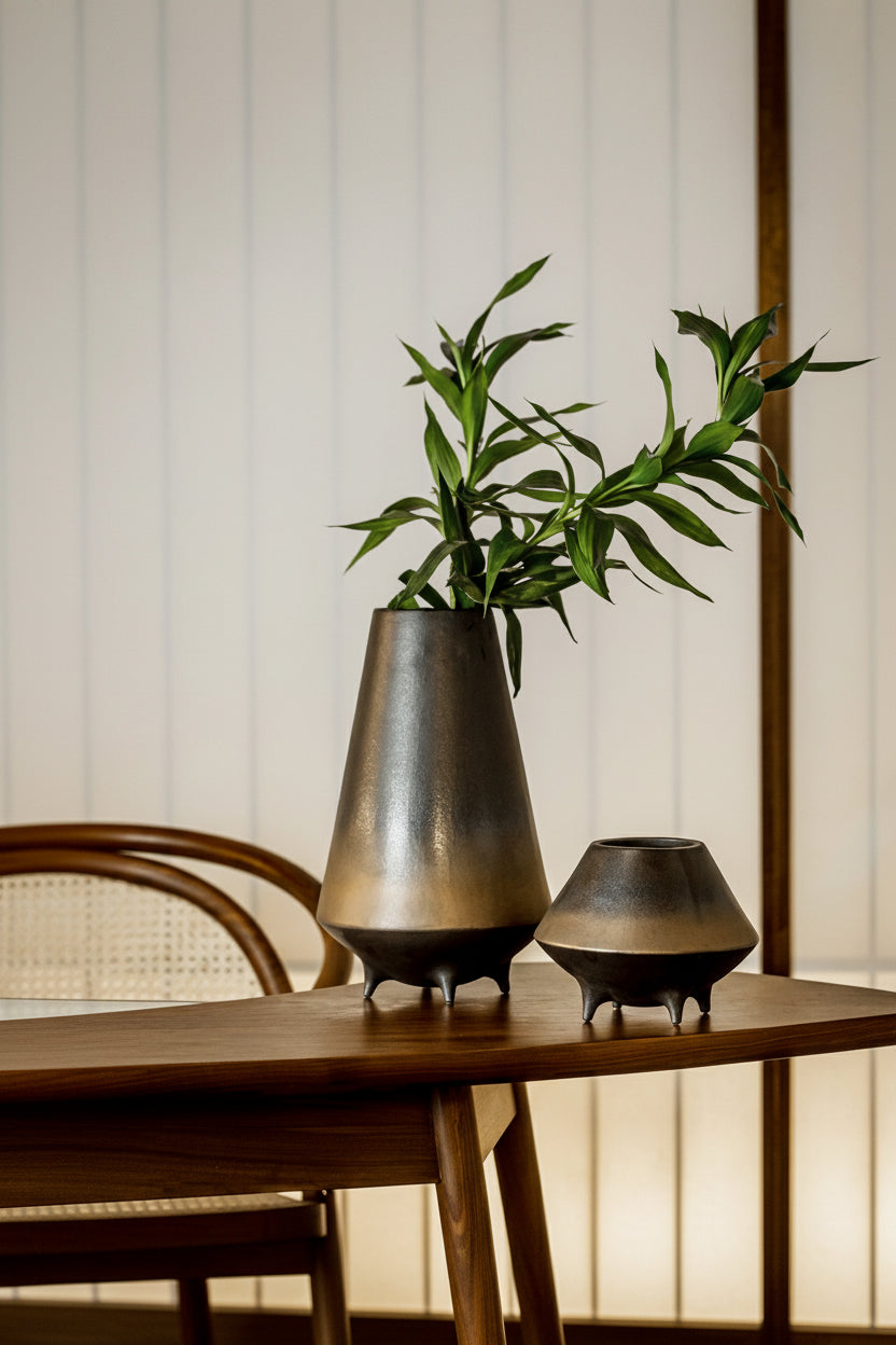 Two ceramic vases with a plant on a wooden table, branded 'Oriental' by Element Accessories.