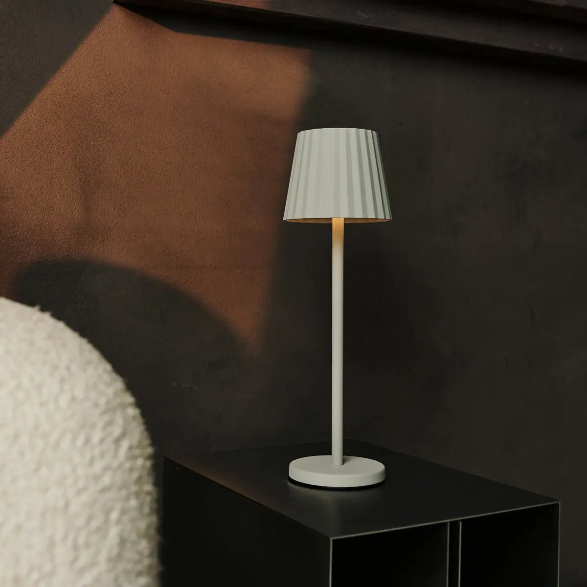 Maya shadow grey metal lamp side view showing cylindrical form