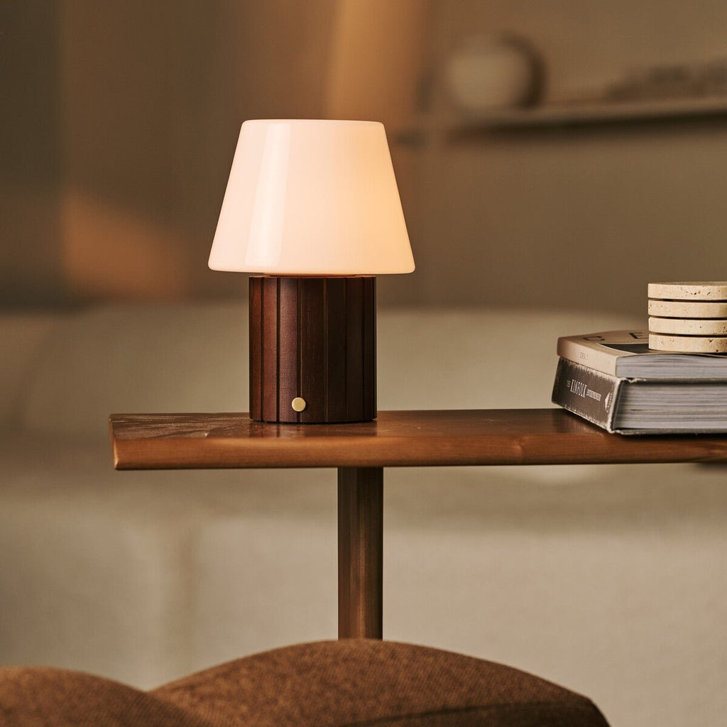 Lex Dark Brown Wood & Glass Cordless Table Lamp