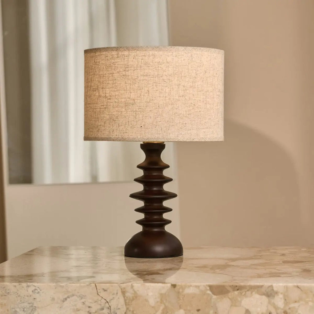 Bodhi Dark Brown Wooden Table Lamp with Beige Linen Shade