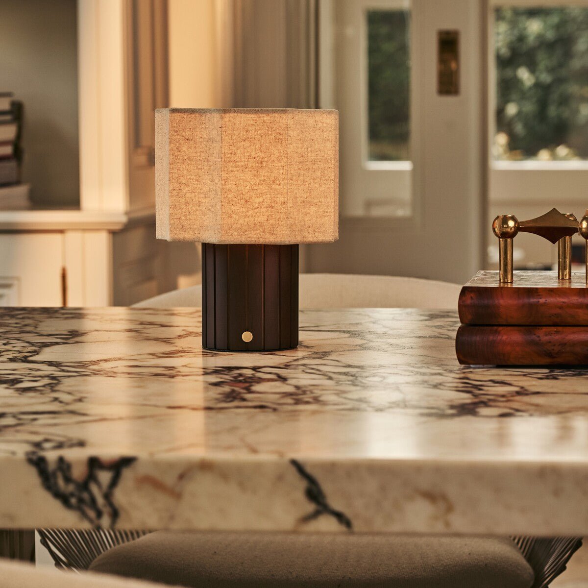 Channa Dark Brown Wood & Linen Cordless Table Lamp
