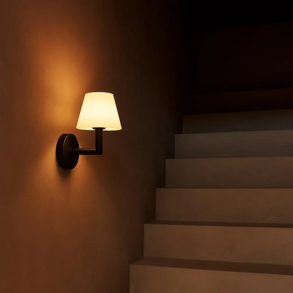 Ted cordless wall lamp side view showing rubberwood and diffuser