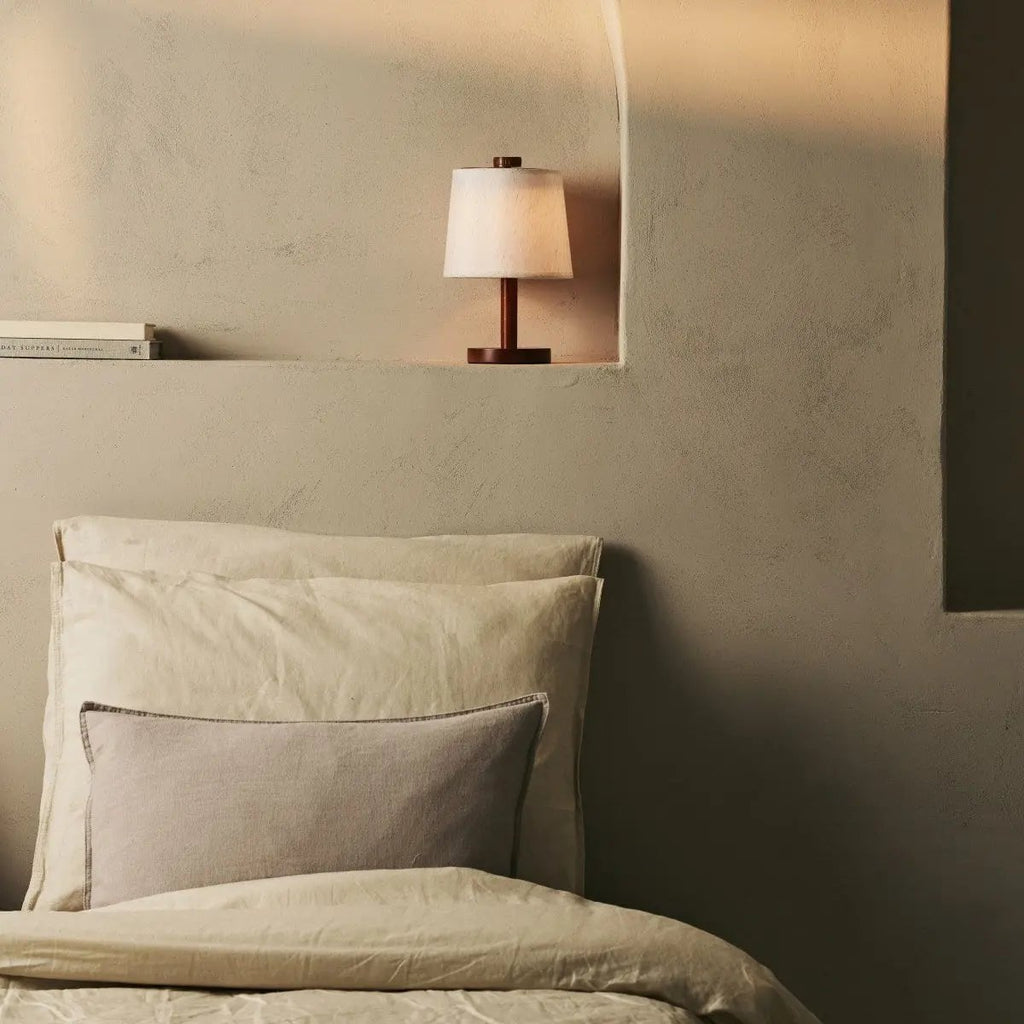 Rover Chestnut Brown Rubberwood Cordless Table Lamp with Linen Shade