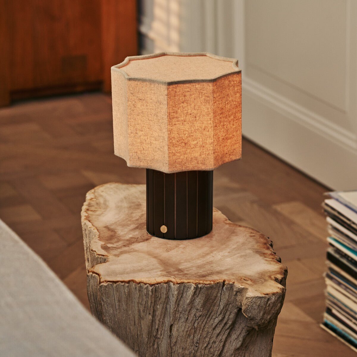 Channa Dark Brown Wood & Linen Cordless Table Lamp
