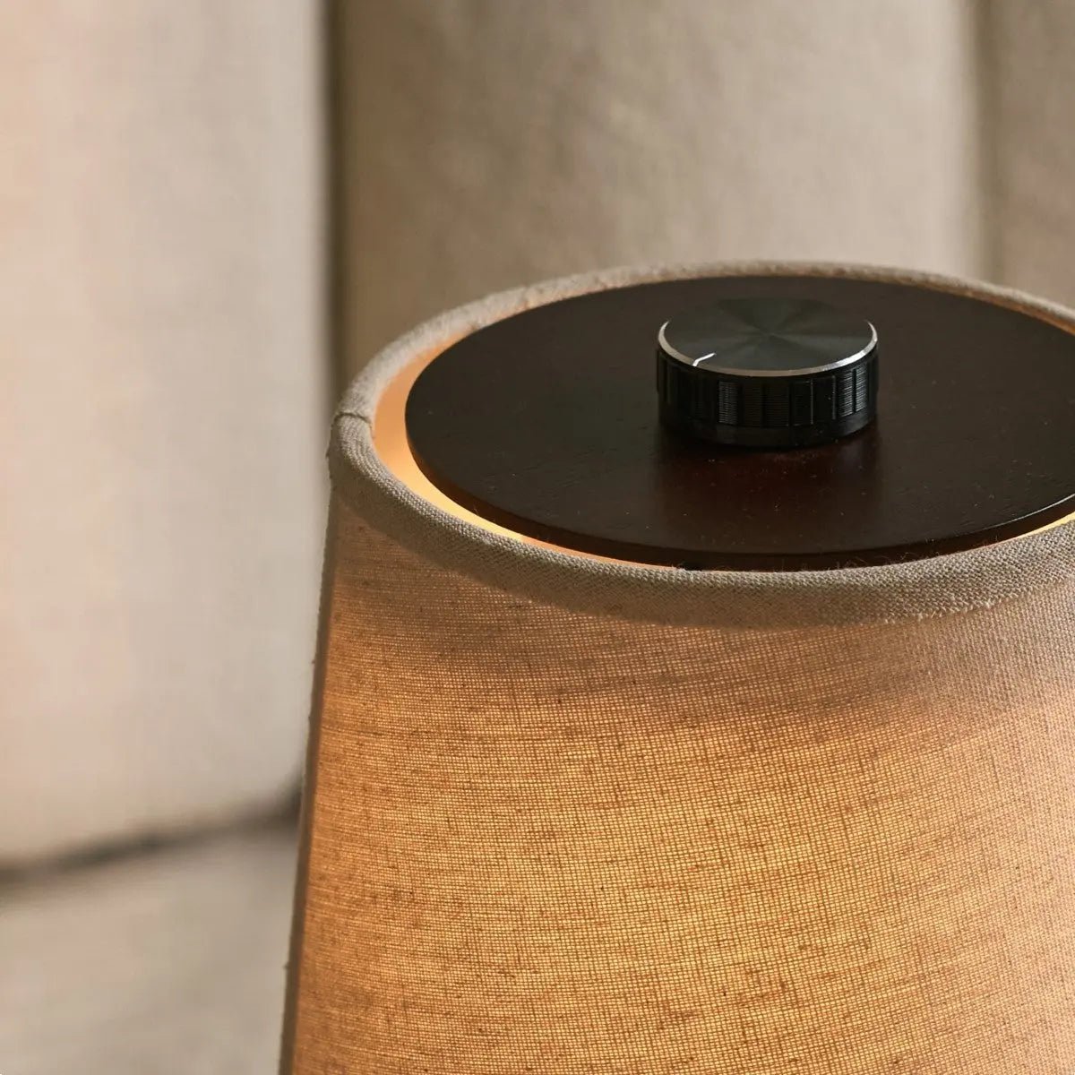 Rover cordless lamp detail of linen shade and dark wood