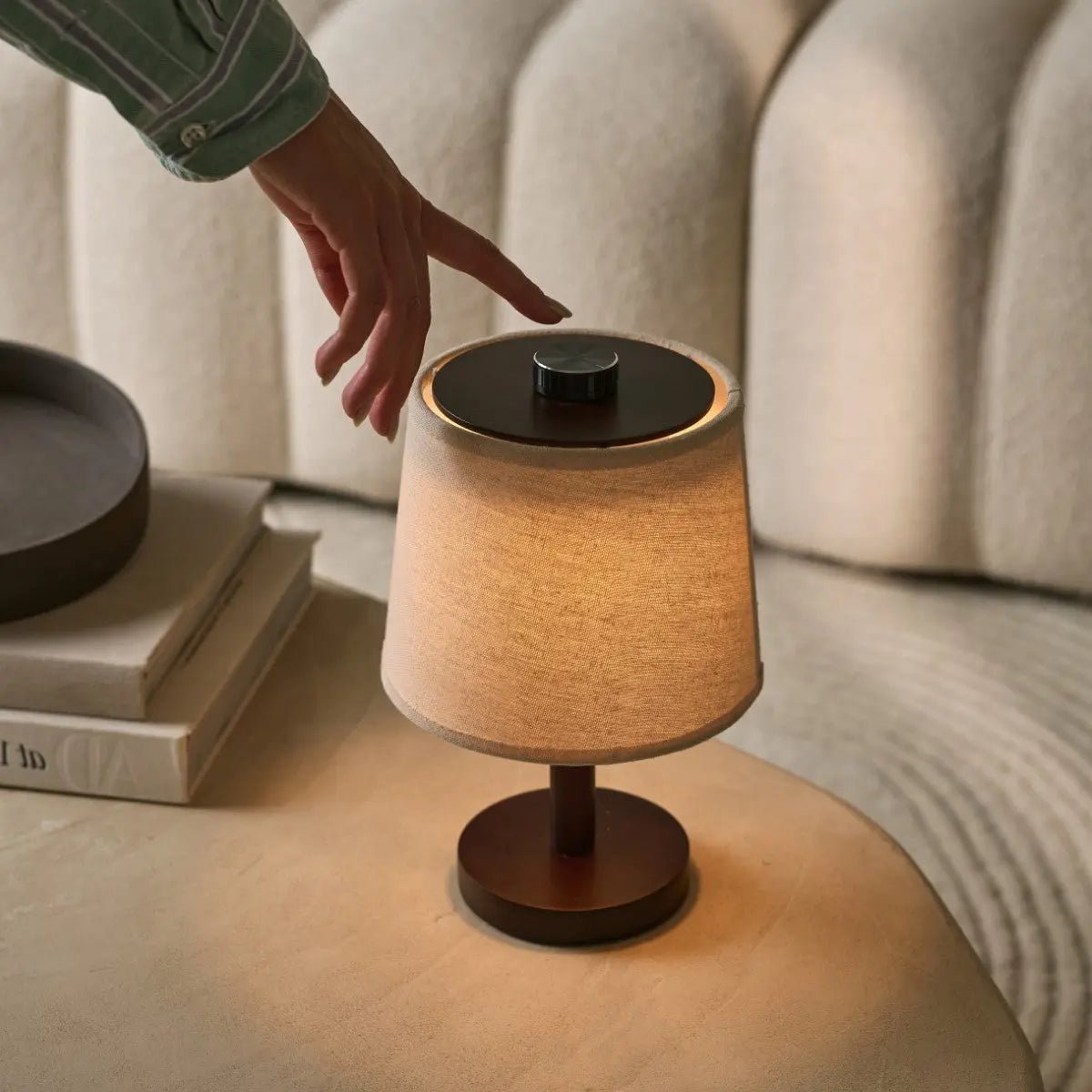 Rover dark linen lamp on bedside table