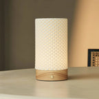 Luna cordless lamp side view showing rubberwood base and porcelain shade