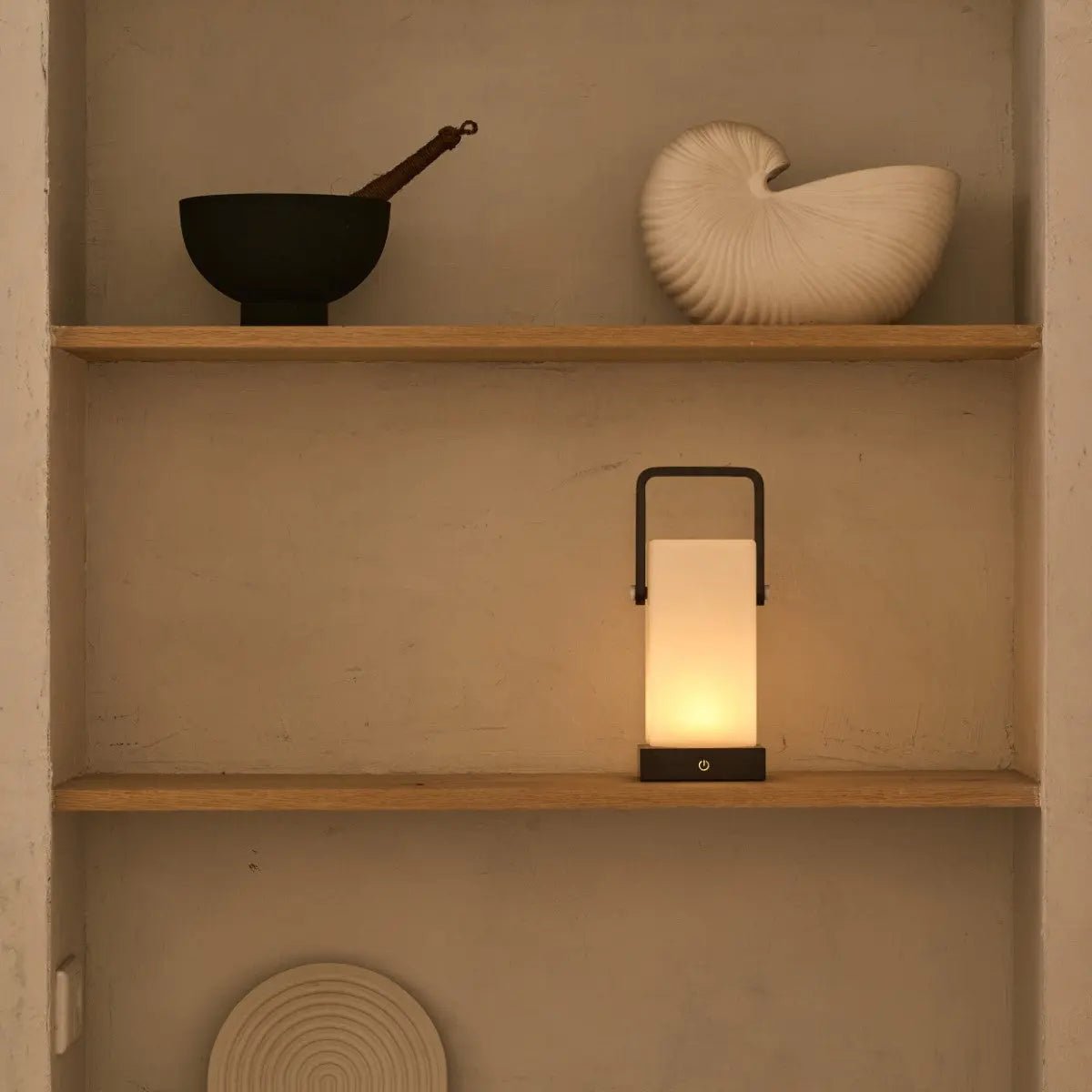Harper dark wood portable lamp on outdoor covered terrace