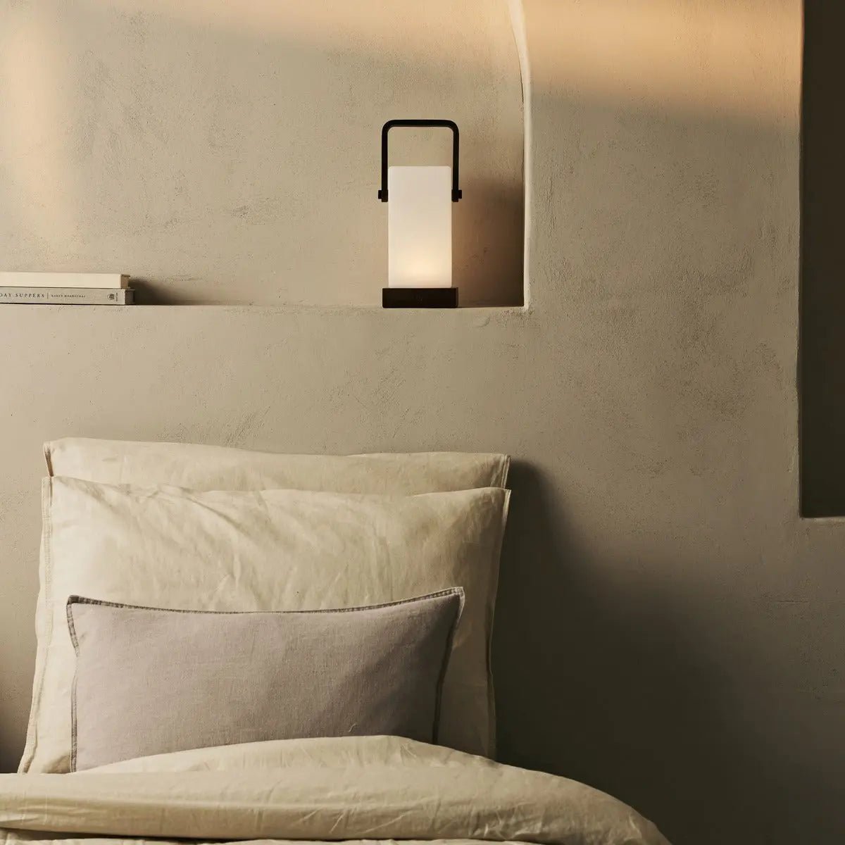 Harper cordless lamp side view showing dark rubberwood body