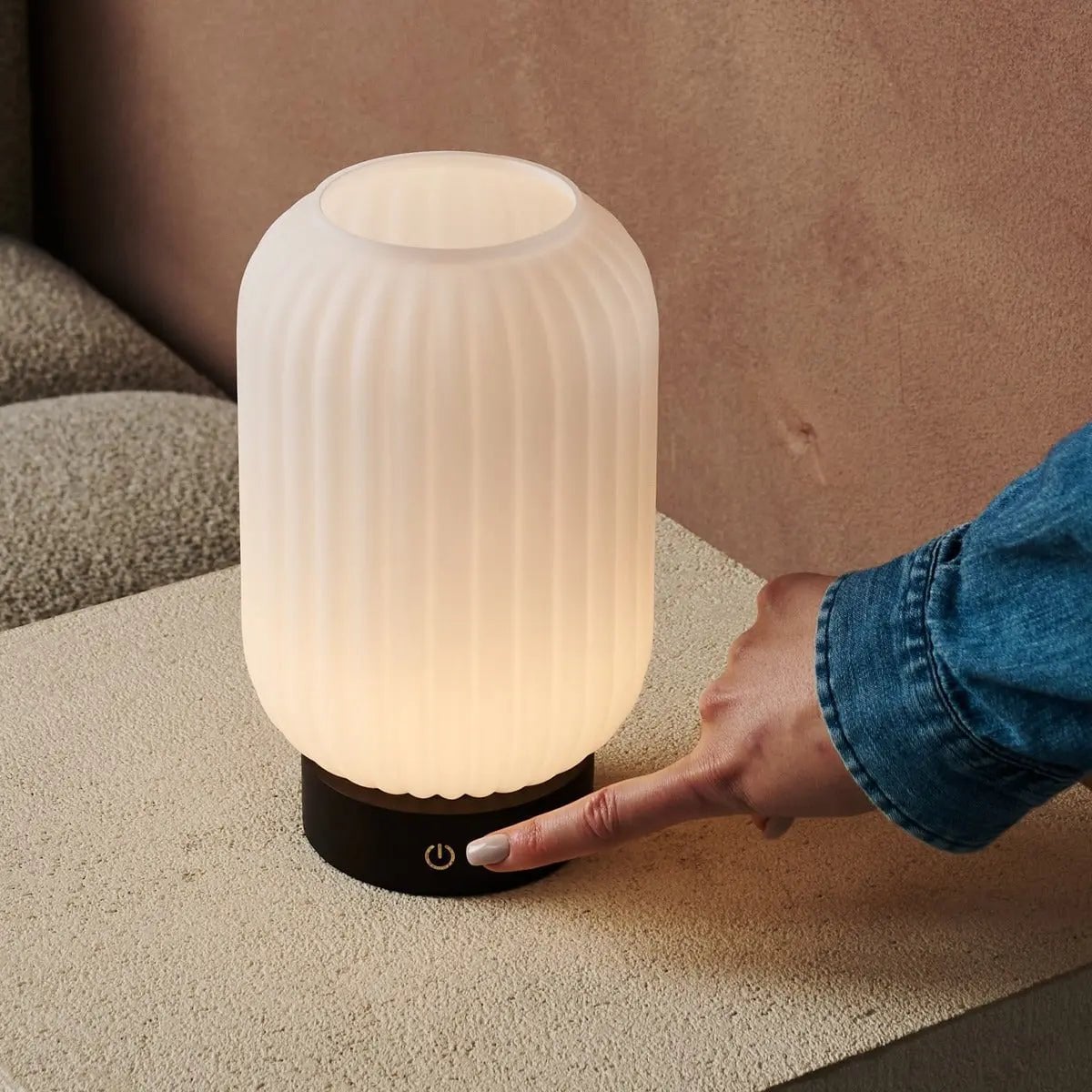 Lilly cordless lamp detail of glass shade and rubberwood base