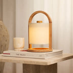 River cordless lamp detail of linen shade and wood base