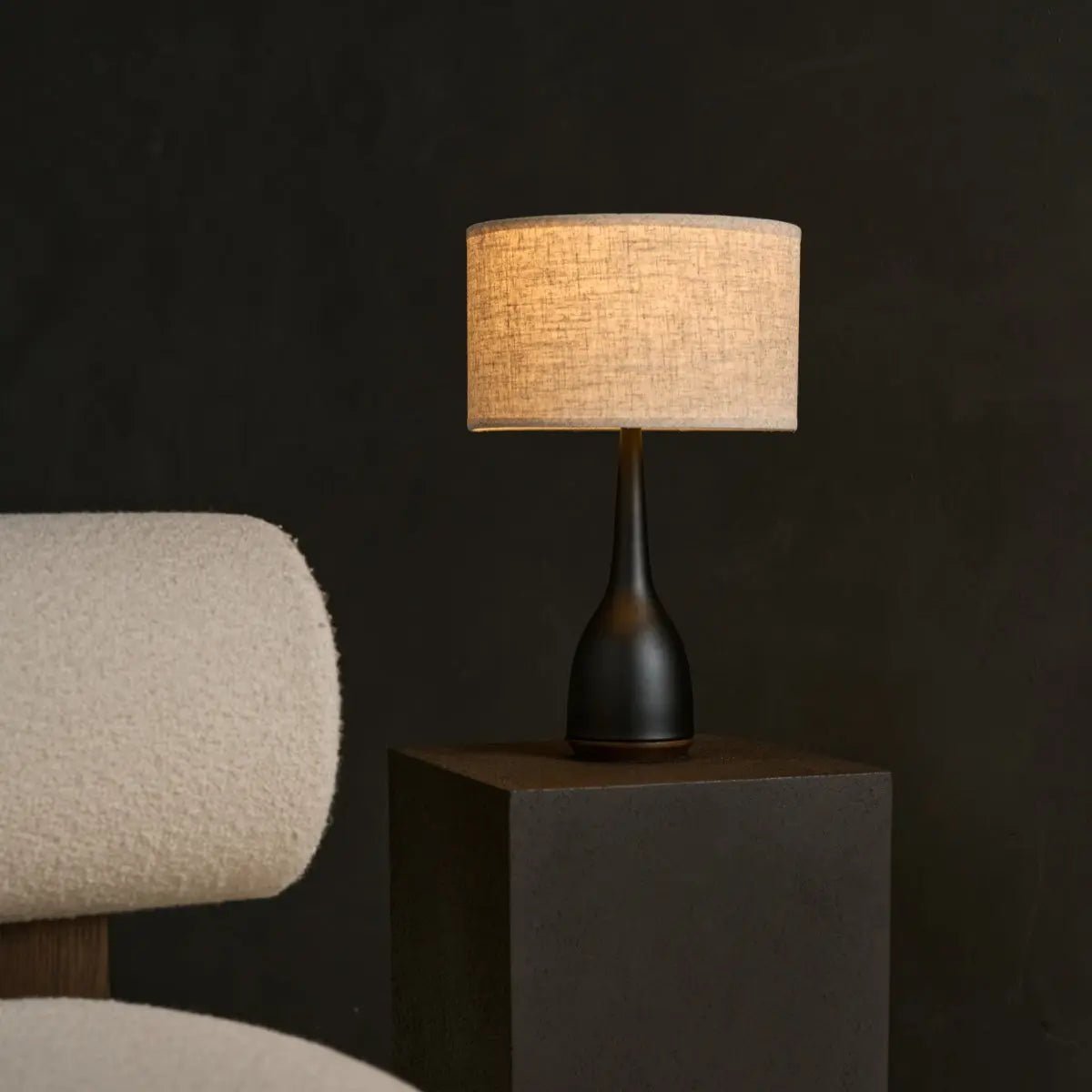 Navo black wood corded table lamp with beige linen-mix shade