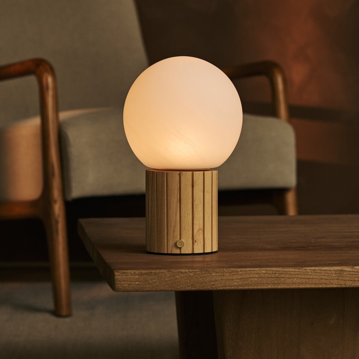 Nadine Light Brown Wood & Glass Cordless Table Lamp