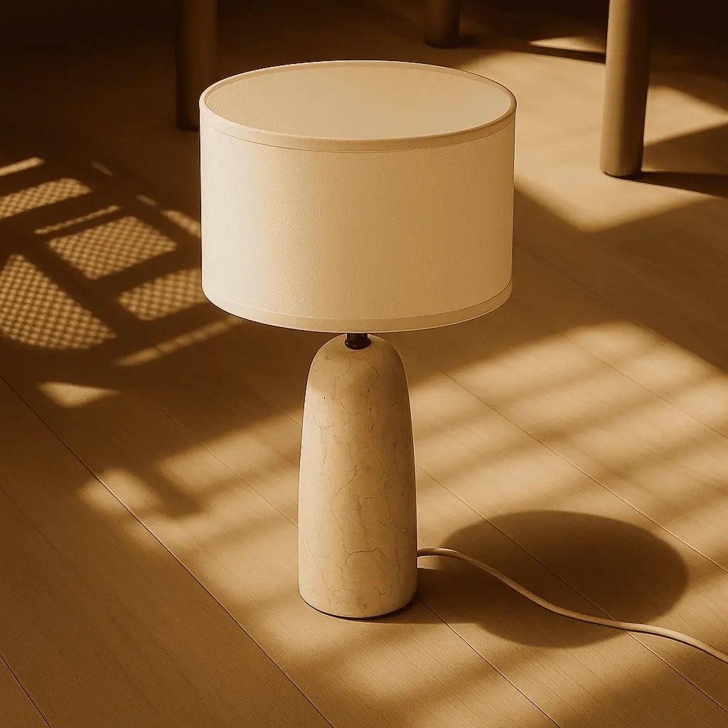 Charlotte corded lamp side view showing solid marble base and cotton shade