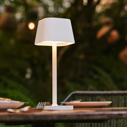 Ava metal lamp side view showing cylindrical white form