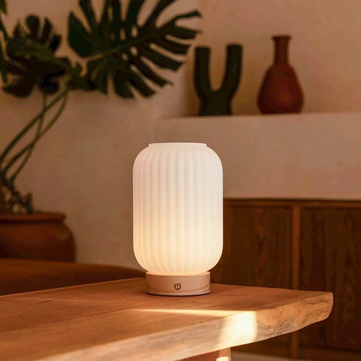 Lilly Light Brown Wood & Glass Cordless Table Lamp