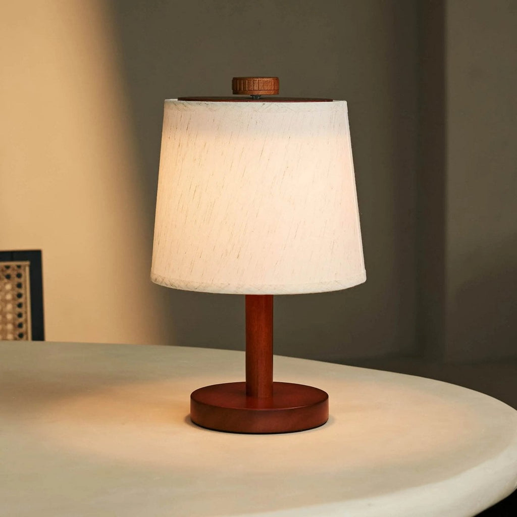 Rover Chestnut Brown Rubberwood Cordless Table Lamp with Linen Shade