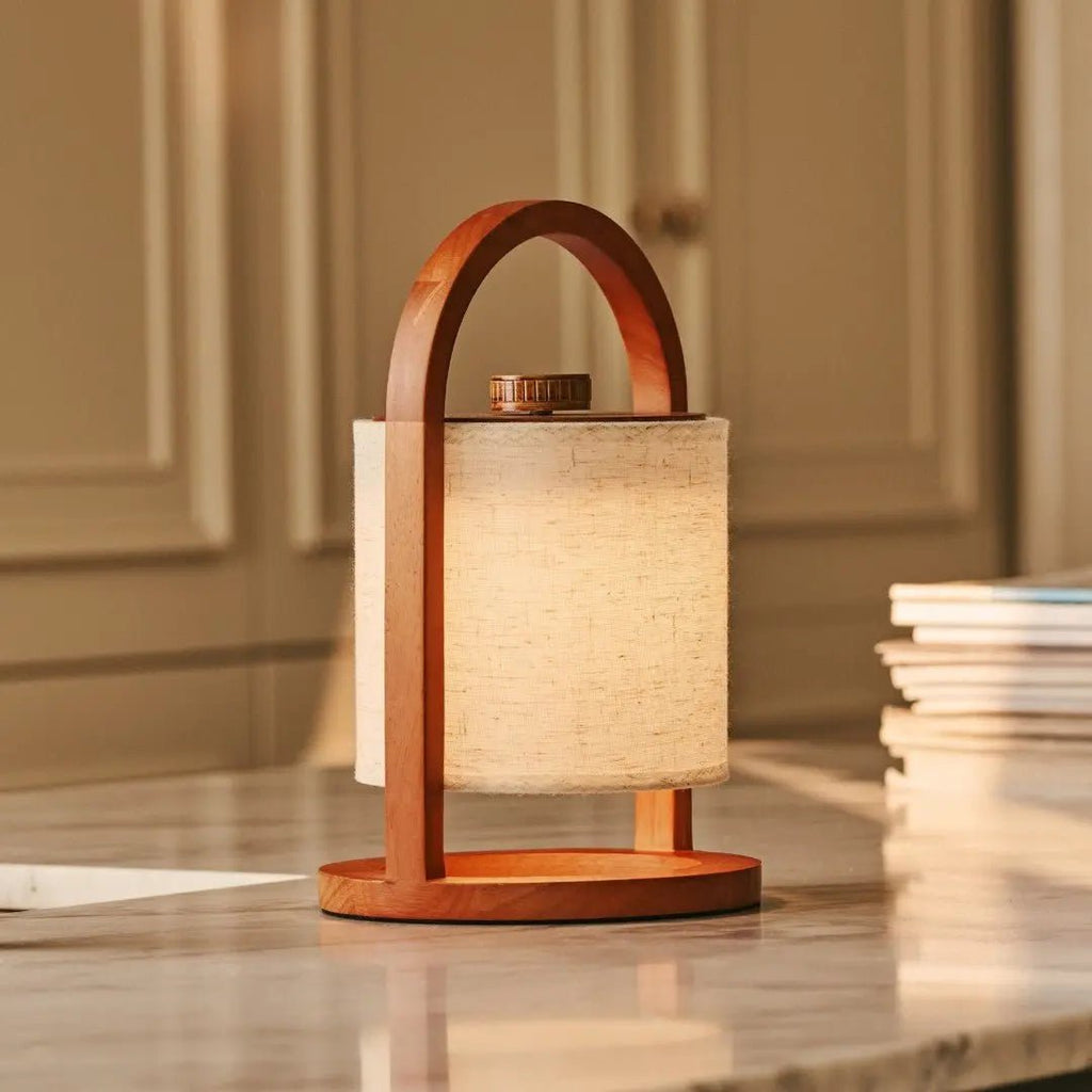 River wooden linen lamp on outdoor covered terrace