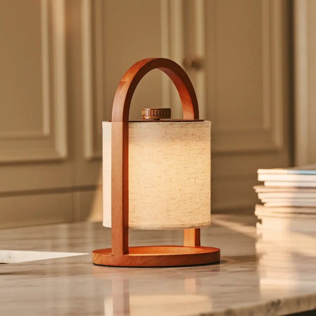 River wooden linen lamp on outdoor covered terrace