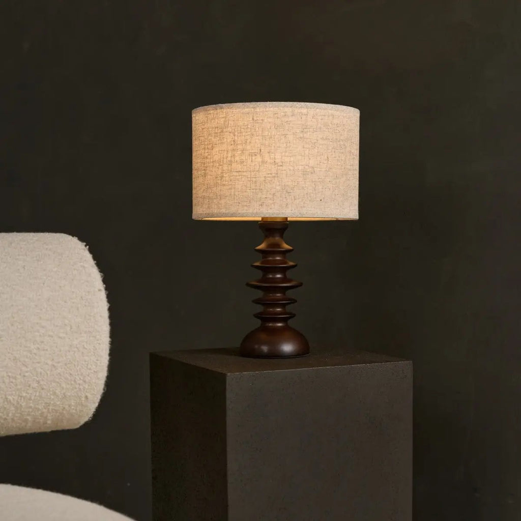 Bodhi Dark Brown Wooden Table Lamp with Beige Linen Shade