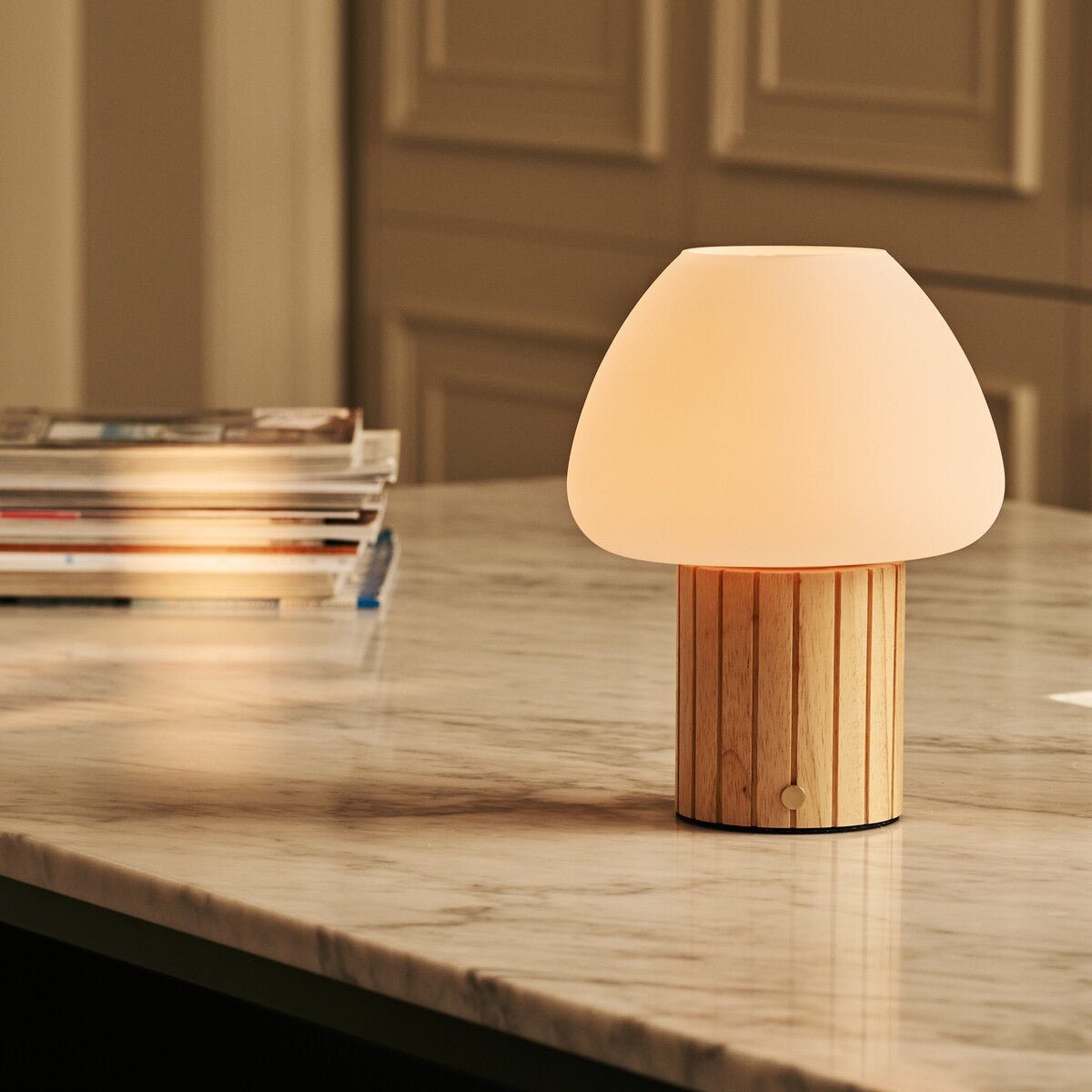 Romée Light Brown Wood & Glass Cordless Table Lamp