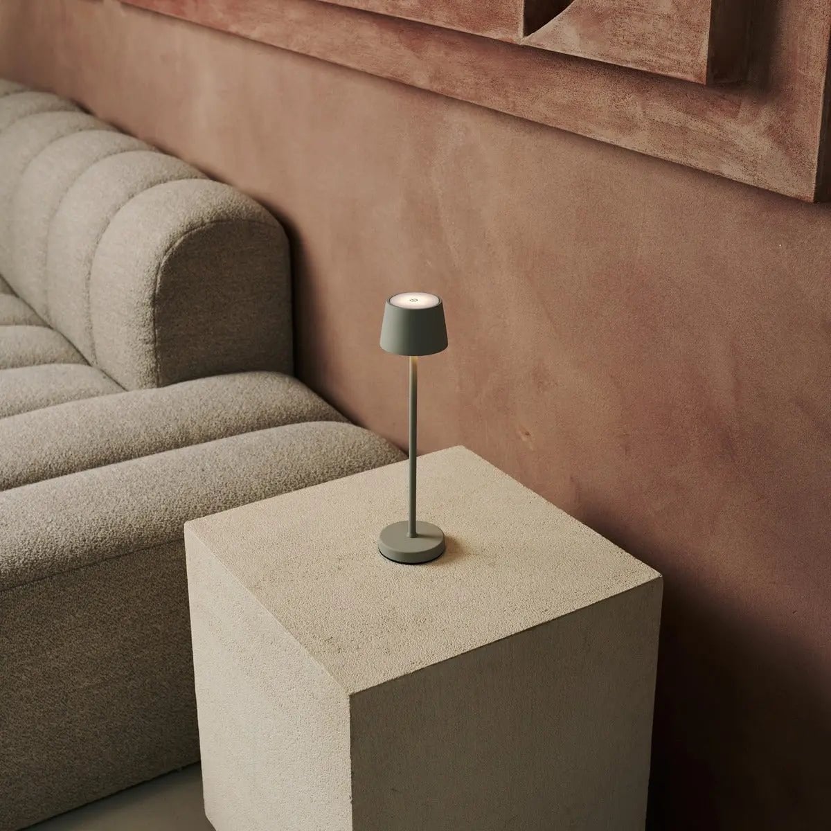 Vondel shadow grey rechargeable lamp on bedside table