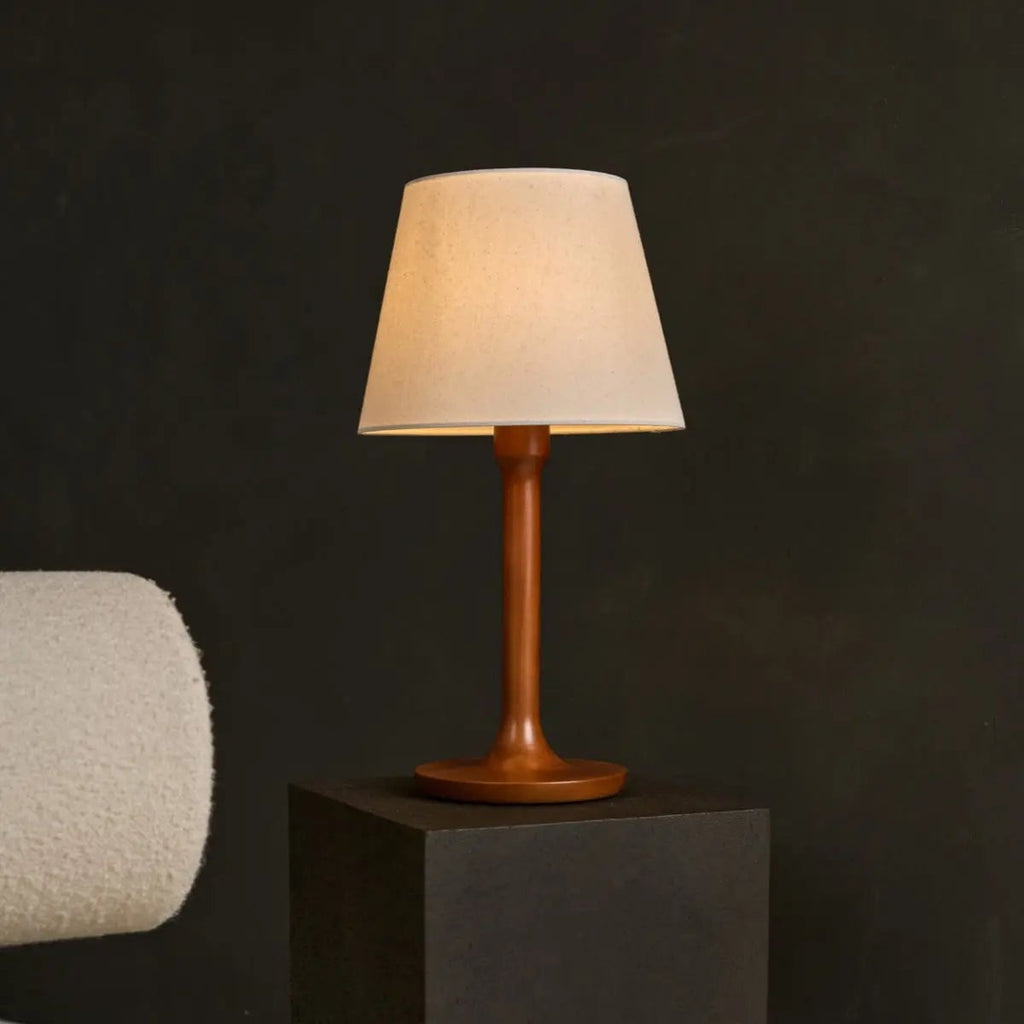 Nova chestnut brown wood fabric corded table lamp