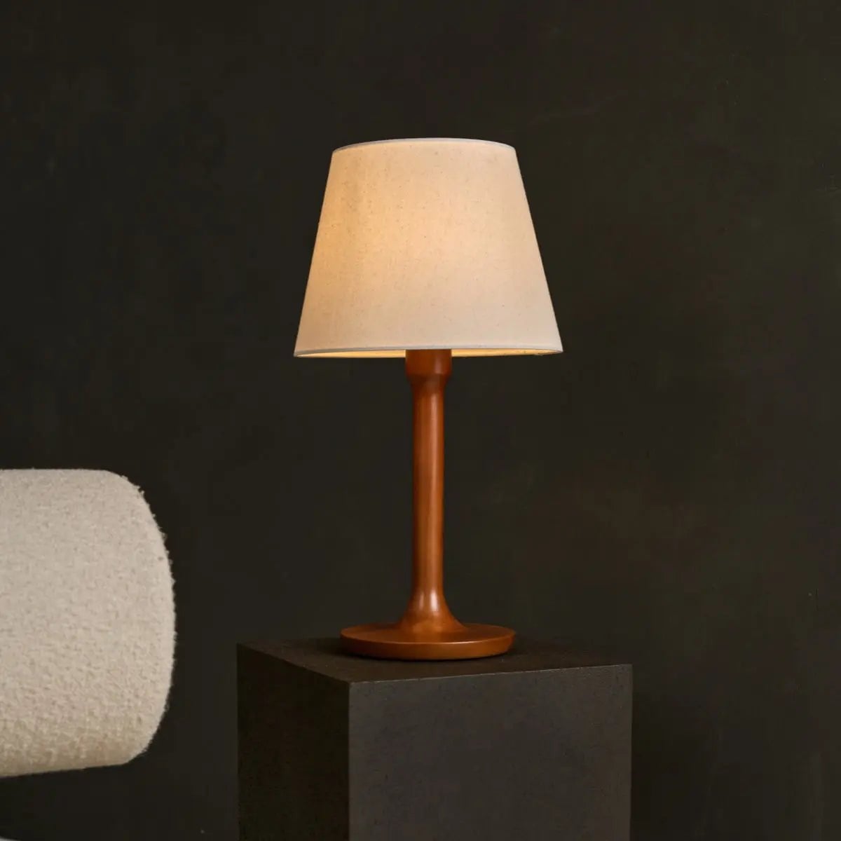 Ovaro chestnut brown wood fabric corded table lamp