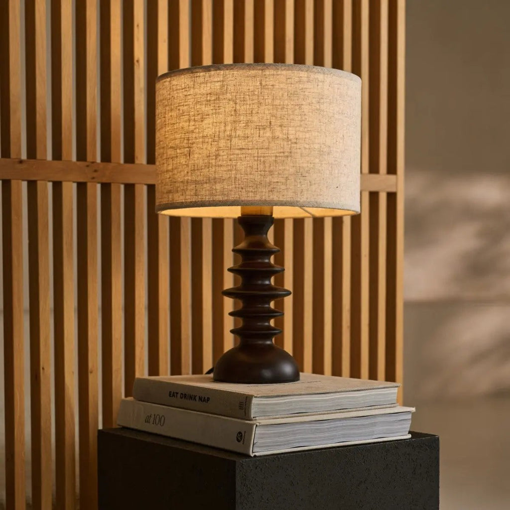 Bodhi Dark Brown Wooden Table Lamp with Beige Linen Shade