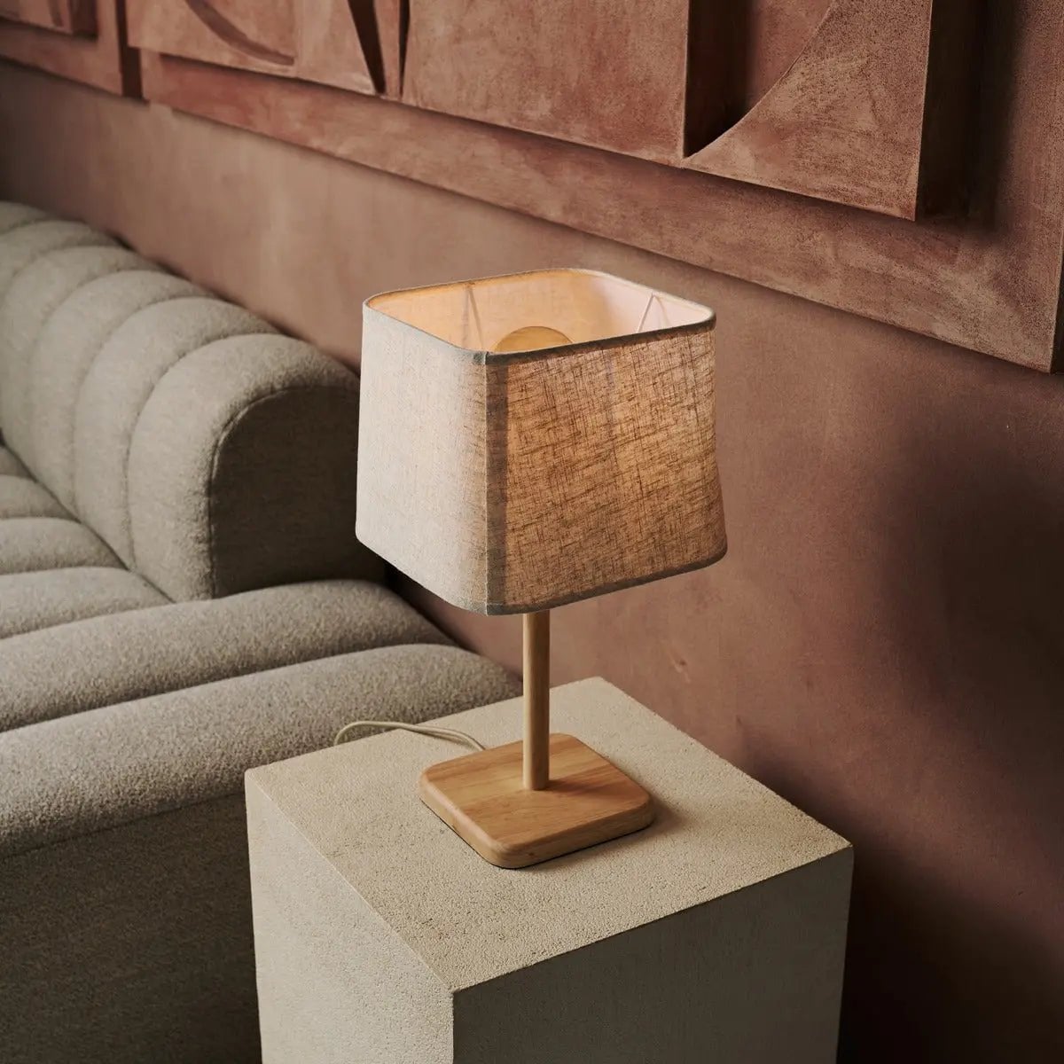 Marley corded lamp side view showing square wood base and fabric shade
