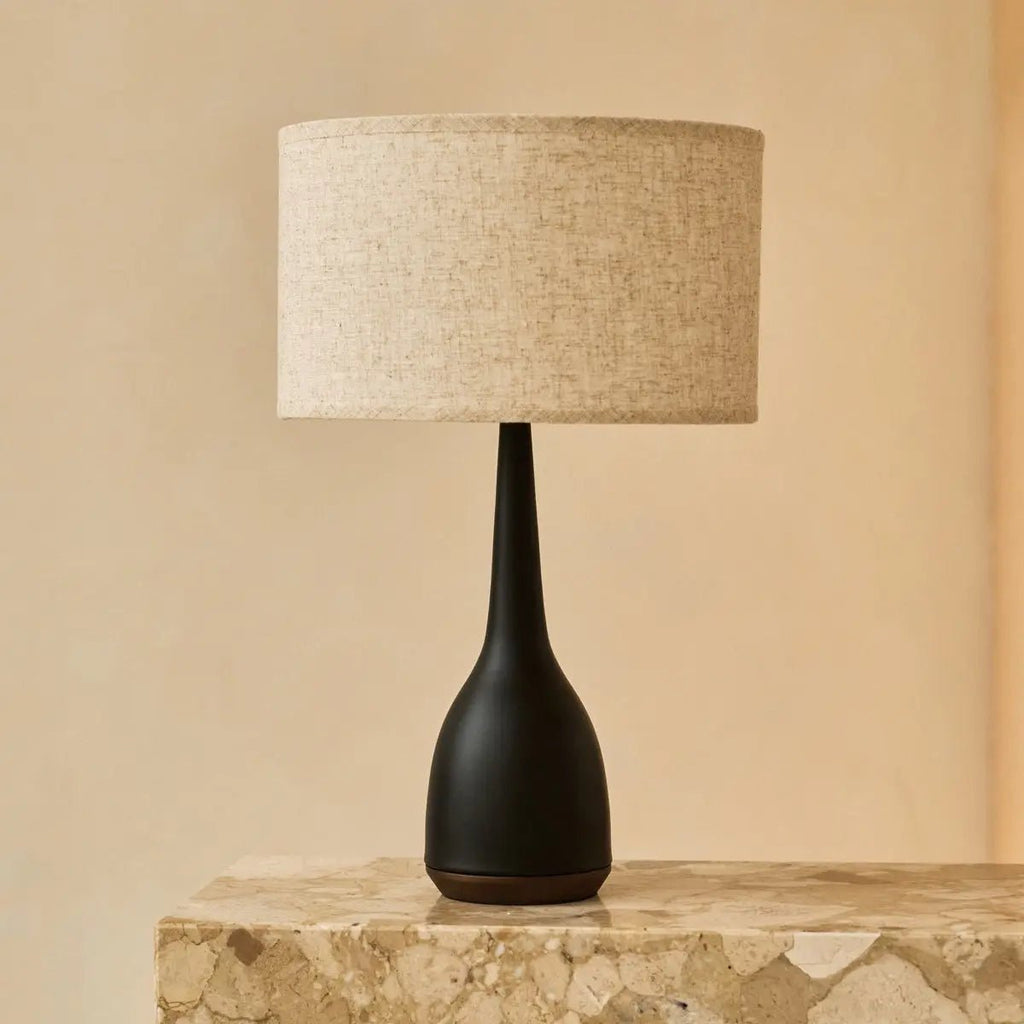 Jacob black wood lamp close-up of beige linen shade