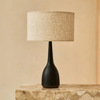 Jacob black wood lamp close-up of beige linen shade